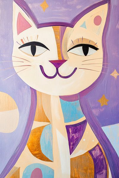 Colourful cat painting with a cheerful look by Poster Art Shop