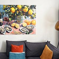 Klantfoto: Citrus & Zee op een Roze Tafel van BS, op canvas