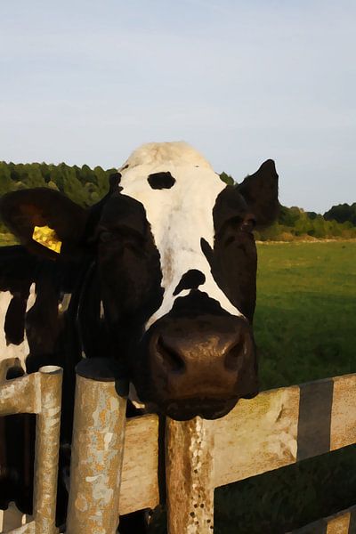 Par-dessus la clôture - vache curieuse dans un vert pâturage par Masterpiece Living