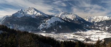 Panorama of Berchtesgader Land with mountain Watzmann and Berchtesgaden in winter snow