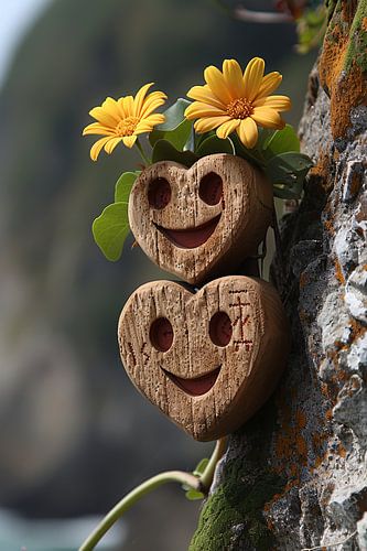 Deux cœurs en bois avec des fleurs jaunes