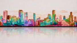 A colourful abstract panorama featuring a skyline of skyscrapers