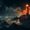 Phare rouge de nuit, phare dans le brouillard d'une tempête de la mer du Nord sur Animaflora PicsStock