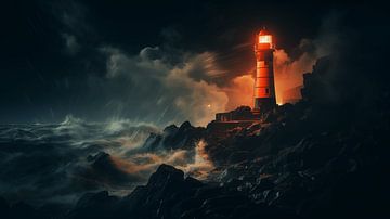 Red lighthouse at night, lighthouse in the fog of a North Sea storm by Animaflora PicsStock