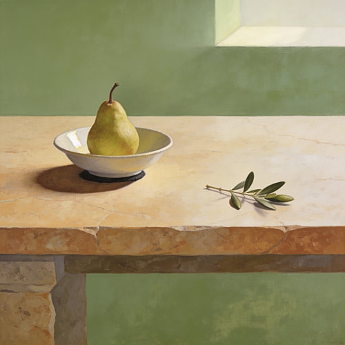 Pear in Porcelain with an Olive Twig