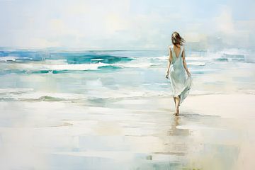 Vrouw in witte jurk op het strand