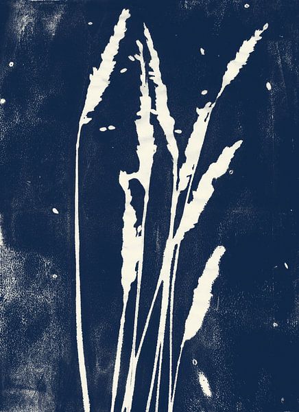 Grass at night in retro blue. Modern botanical art by Dina Dankers