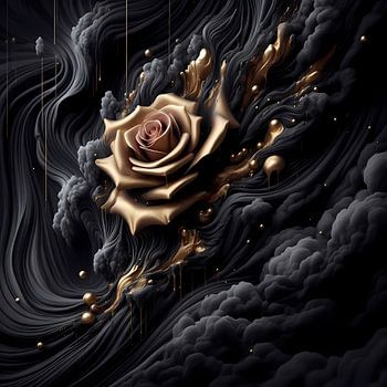 Golden rose in black smoke - elegant art in contrast