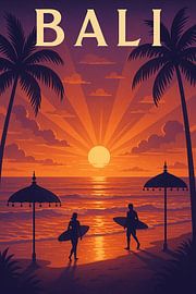 Bali Art Deco Poster - Golden Sunset Beach und Surfer Silhouette von Travel Shop