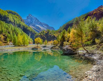 Herbstfarben und ein schneebedeckter Berg spiegeln sich in einem kleinen See im Tal Anniviers, Zinal