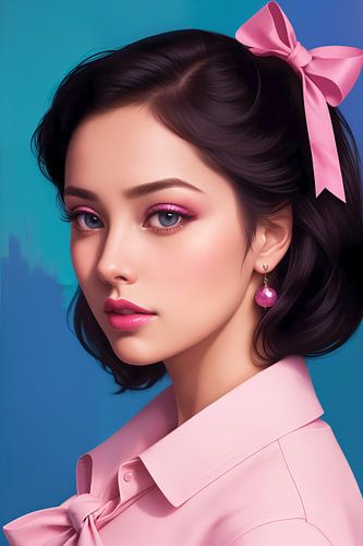 Pink Passion – Vintage Vrouwenportret met Roze Strik en Pareloorbel | Retro Kunst
