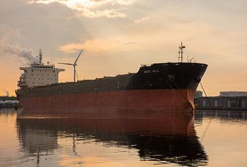 Een bulkcarrier voor anker in de haven Amsterdam van scheepskijkerhavenfotografie