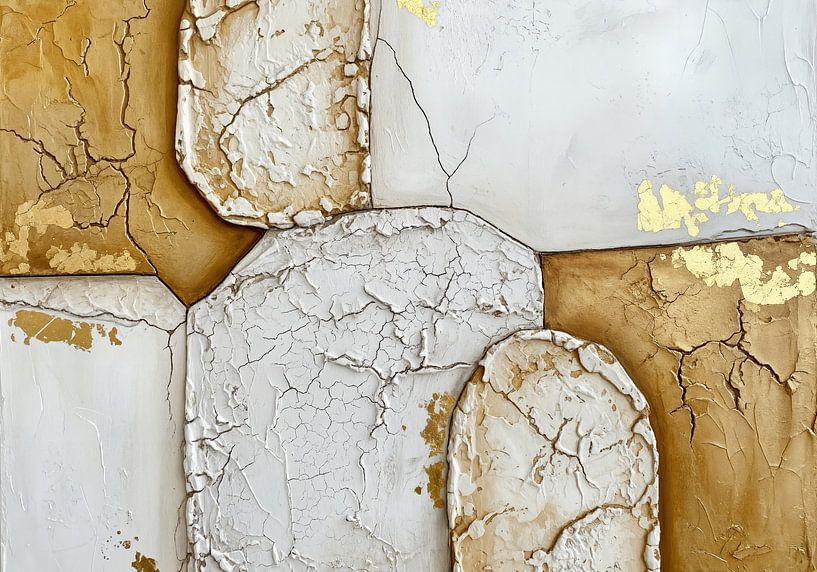 Gestructureerd abstract schilderij met wit, goud en barsten van Markus Gann