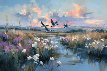 Canadese ganzen boven bloeiend moeraslandschap van NJ Midnight Studio