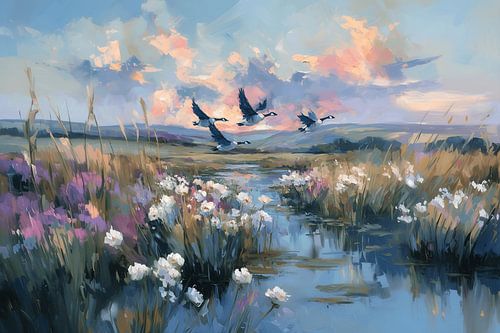 Kanadische Gänse über blühender Moorlandschaft