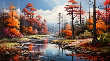 abstract schilderij herfst in het bos met rivier achtergrond van Animaflora PicsStock