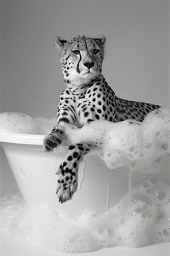 Gelassener Gepard in der Badewanne - Ein lustiges Badezimmer Bild für Ihr WC von Felix Brönnimann
