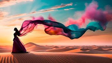 Woman with coloured silk in the desert by Mustafa Kurnaz