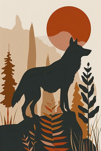 Stilistische wolf met zonsondergang in eenvoudige vormen