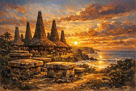 Village patrimonial de Ratenggaro au coucher du soleil, inspiré de la culture côtière du sud-ouest de Sumba, Indonésie – Peinture à l'huile sur Vínculae