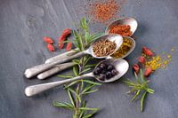 Spices or dried herbs on spoons, still life