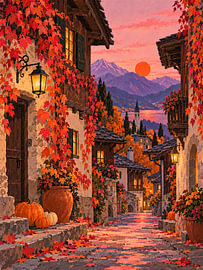 Herbstdorf – Gasse mit Kürbissen und Weinlaub von Albert Klee