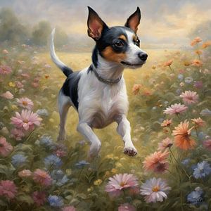 Rat Terrier spelend in een bloemenveld van Johanna's Art