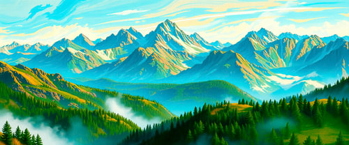 Bergpanorama in het licht van de zonsopgang van AidasignArt