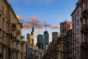 Street to Frankfurt skyline, urban cityscape with skyscrapers in the evening to sunset by Fotos by Jan Wehnert