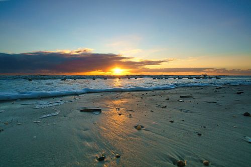 On Blåvand beach at sunset by the sea