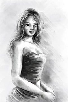 Portret van een mooie jonge vrouw in grijs tint van Emiel de Lange
