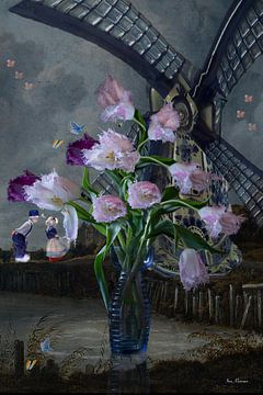 Dutch still life vase with tulips and mill by ina kleiman