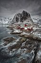 Rode Vissershuisjes Hamnøya, Noorwegen van Aland De Wit thumbnail