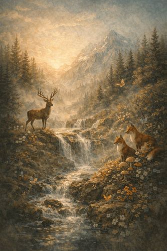 Golden Wilderness – Stag & Fox Mountain Landscape Wall Art