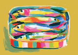A colourful illustration of tinned sardines by Niklas Maximilian