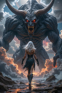 Dark Fantasy Wandbild: MEGATHOR – Eine Frau geht einem riesigen Monster entgegen