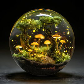 Forêt dorée avec des champignons lumineux dans une boule de verre