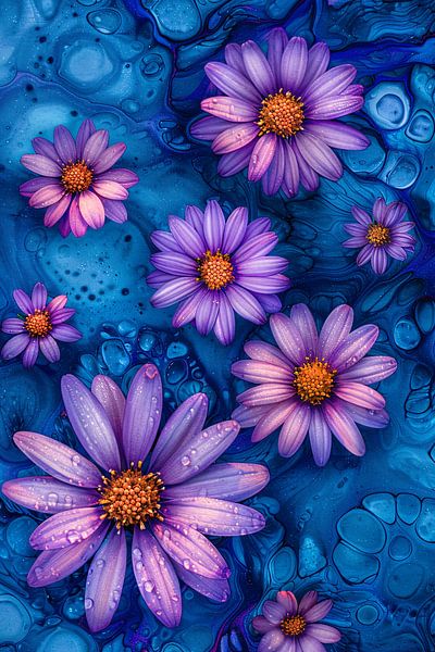 Purple flowers against blue background by Art & Soul Creations
