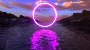 een paarse gloeiende ring in een prachtig landschap (3d rendering) van Rainer Zapka
