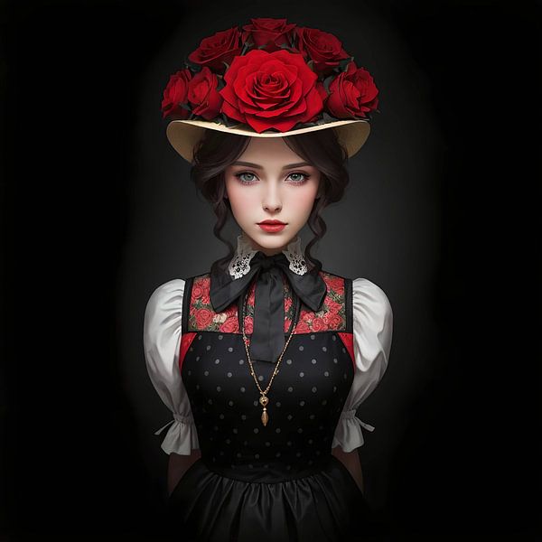 Black Forest girl with traditional costume and rose hat by YArt