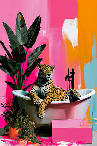 Cheetah in badkuip, tropische badkamer in roze