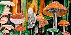 Paddenstoelen in de herfst. Oranje met witte stippen.Groen met grijze vlakken