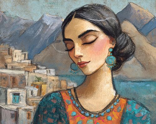 Karakoram Vrouwenportret | Blauwe Oorbellen van Abstract Schilderij