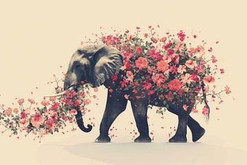 Éléphant dans l'oasis de fleurs - rose sur Eva Lee