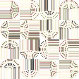 Retro industrial geometry  with  lines in pastel colors nr. 9 in green, beige, red, brown, black by Dina Dankers