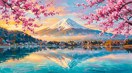 Mount Fuji Sunrise with Cherry Blossoms and Lake Kawaguchiko Reflection Japanese Landscape Painting by Kimita Jennaira