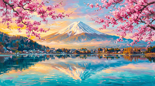 Zonsopgang boven de berg Fuji met kersenbloesems en de weerspiegeling in het Kawaguchiko-meer – Japanse landschapsschilderkunst