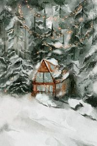 Maison enchantée dans la forêt avec des lucioles