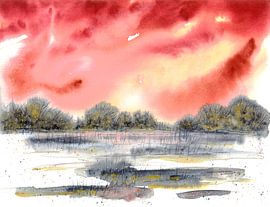 Abstrakte Landschaft vor feuerrotem Himmel