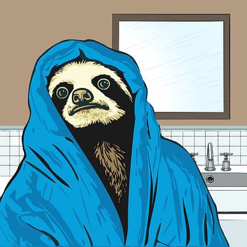 Animaux de la salle de bains : Illustration d'un paresseux avec un peignoir dans la salle de bain sur Iets Anders